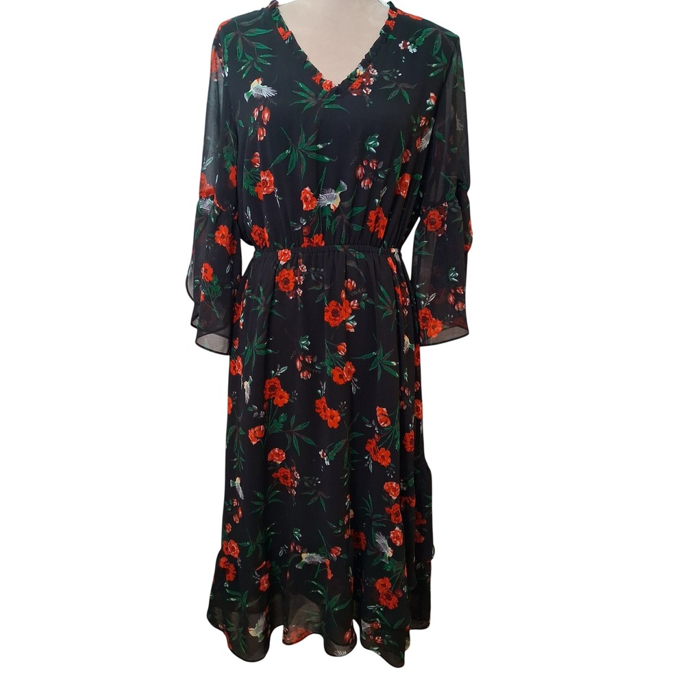 Gibson Latimer Floral Hummingbird Ruffle Midi Dress Black Red Medium